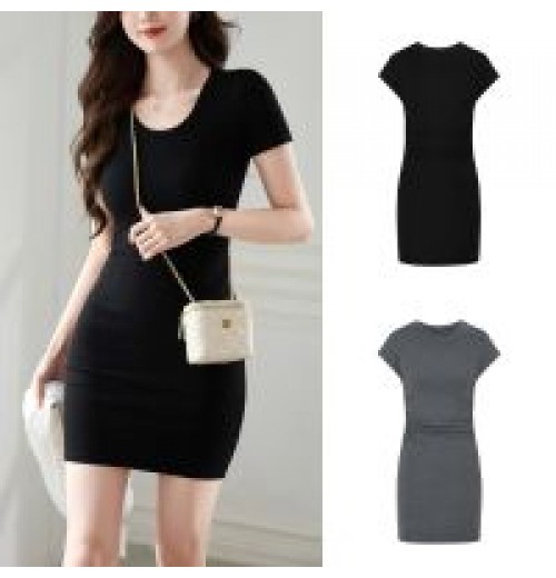 ✅【READY STOCK At Johor】Beryl Solid Color Short-Sleeved Wrap Dress For Women Above The Knee Round Neck Slim Fit Dres