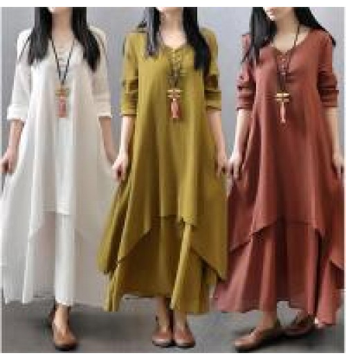 New Fashion plus Size Cotton Linen Dress Cover Belly Elegant Style Korean Version Long Skirt for plus Size Women