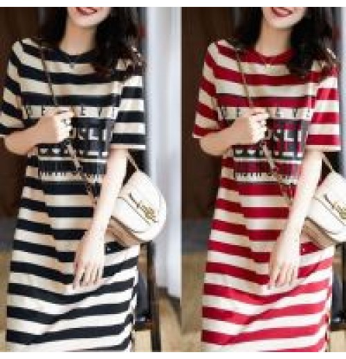 Summer Loose Stripe Printed Short Sleeve T-shirt Dress Women's Students Korean Long Fairy Split Dresses T155